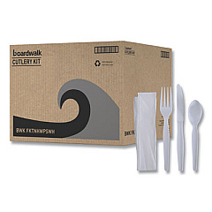 Boardwalk Four-Piece Cutlery Kit, Heavyweight, Fork/Knife/Napkin/Spoon, Plastic, White, 250/Carton (FKTNHWPSWH)