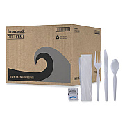 Boardwalk Six-Piece Cutlery Kit, Heavyweight, Fork/Knife/Napkin/Pepper/Salt/Spoon, Plastic, White, 250/Carton (FKTNSHWPSWH)