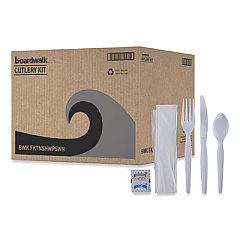 Boardwalk Six-Piece Cutlery Kit, Heavyweight, Fork/Knife/Napkin/Pepper/Salt/Spoon, Plastic, White, 250/Carton (FKTNSHWPSWH)