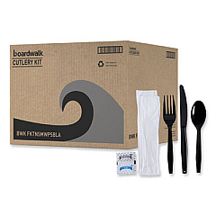 Boardwalk Six-Piece Cutlery Kit, Mediumweight, Fork/Knife/Napkin/Pepper/Salt/Spoon, Plastic, Black, 250/Carton (FKTNSMWPSBLA)