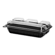 SOLO Creative Carryouts Hinged Plastic Hot Deli Boxes, 4 Compartments, 8.05 x 11.5 x 2.95, Black/Clear, 100/Carton (919020PM94)