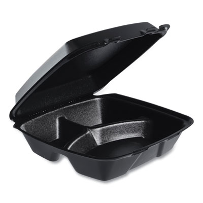 Dart Insulated Foam Hinged Lid Containers, 3 Compartments, 9.01" x 9.4" x 3.1", Black, 200/Carton (90HTPFB3R)