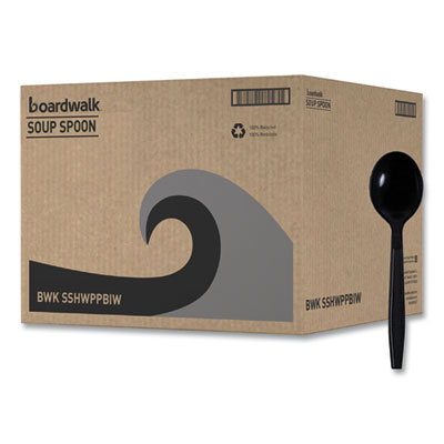 Boardwalk Heavyweight Wrapped Polypropylene Cutlery, Soup Spoon, Plastic, Black, 1,000/Carton (SSHWPPBIW)