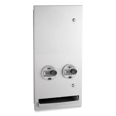 Bobrick TrimLineSeries Recessed Napkin/Tampon Vendor, 25 Cent Coin Mechanism, 13.88 x 7.94 x 28, Stainless Steel (3706325)