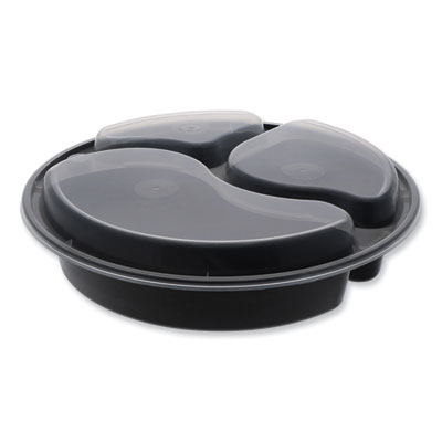 Pactiv Evergreen Newspring VERSAtainer Microwavable Containers, Round, 3 Compartment, 39 oz, 9.5 x 9.5 x 2.3, Black/Clear, Plastic, 150/Carton (NC9388B)