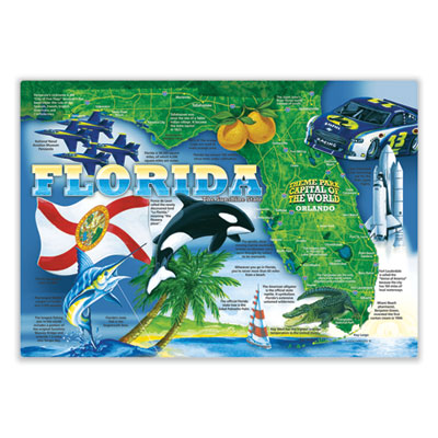Hoffmaster Placemats, Culture and Geography of Florida, Smooth Surface, Straight Edges, 14" x 10", Blue/Green/Orange, 1,000/Carton (311110)