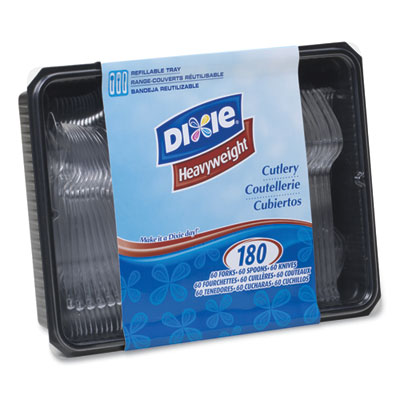 Dixie Cutlery Keeper Tray with Clear Plastic Utensils, Heavyweight, Fork/Knife/Spoon, Plastic, Crystal Clear, 180/Pack (CH0180DX7)