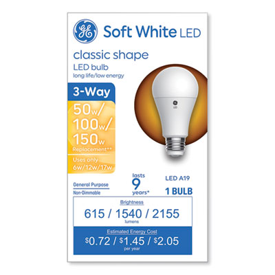 GE Classic LED SW Non-Dim A19 Light Bulb, 3-Way: 6 W - 12 W - 17 W, Soft White (93130566)