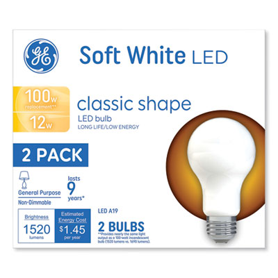 GE Classic LED Non-Dim A19 Light Bulb, 12 W, Soft White, 2/Pack (93109188)