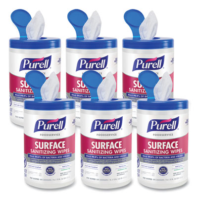 PURELL Foodservice Surface Sanitizing Wipes, 1-Ply, 10 x 7, Fragrance-Free, White, 110/Canister, 6 Canisters/Carton (934106CT)