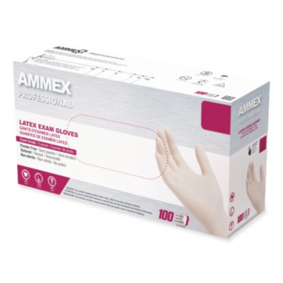 AMMEX Professional Latex Exam Gloves, Powder-Free, Medium, 4 mil (Palm), 5 mil (Fingers), Ivory, 100/Box (GPPFT44100)