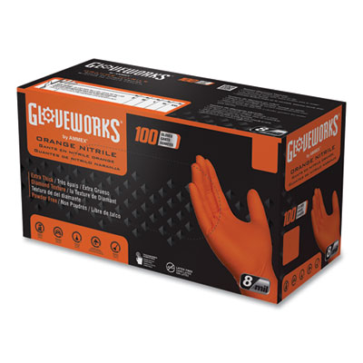 GloveWorks by AMMEX Heavy-Duty Industrial Nitrile Gloves, Powder-Free, Medium, 8 mil Thick, 9.5" Long, Orange, 100/Box (GWON44100)