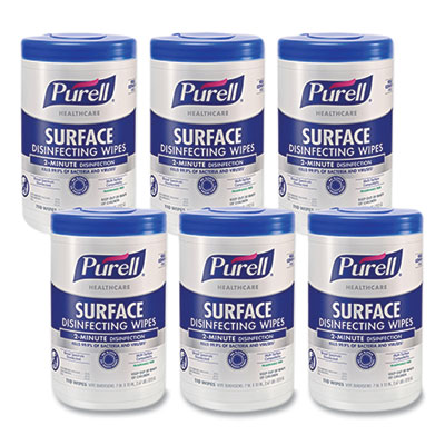 PURELL Healthcare Surface Disinfecting Wipes, 1-Ply, 7 x 10, Unscented, White, 110 Wipes/Canister, 6 Canisters/Carton (934006)