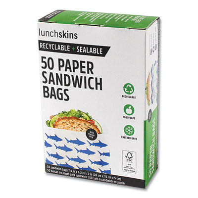 LUNCHSKINS Peel and Seal Sandwich Bag with Closure Strip, 6.3" x 2" x 7.9", Blue Sharks/White, 50/Box (854735005904)