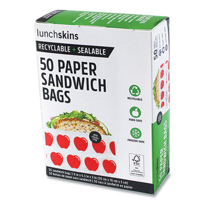 LUNCHSKINS Peel and Seal Sandwich Bag with Closure Strip, 6.3" x 2" x 7.9", Red Apples/White, 50/Box (854735005911)