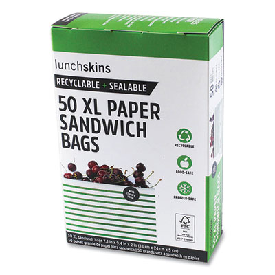 LUNCHSKINS Paper Sandwich Bag, XL Sandwich, 7.1" x 2" x 9.4", Green Stripes/White, 50/Box (865772000494)