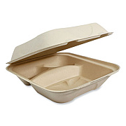 World Centric Fiber Hinged Takeout Containers, 3 Compartments, 8.8 x 8.2 x 2.9, Natural, Paper, 300/Carton (TOSCU8TLFP)
