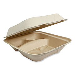 World Centric Fiber Hinged Takeout Containers, 3 Compartments, 8.8 x 8.2 x 2.9, Natural, Paper, 300/Carton (TOSCU8TLFP)