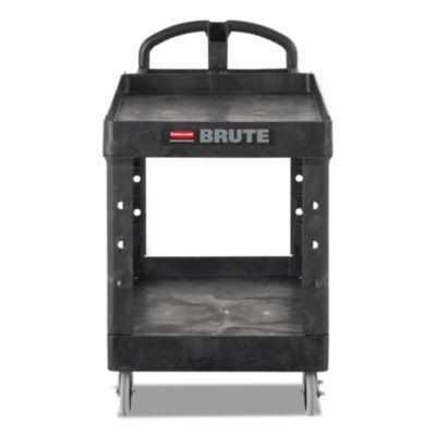 Rubbermaid Commercial BRUTE Heavy-Duty Utility Cart with Lipped Shelves, Plastic, 2 Shelves, 500 lb Capacity, 25.88" x 45.25" x 37.13", Black (452010BLA)