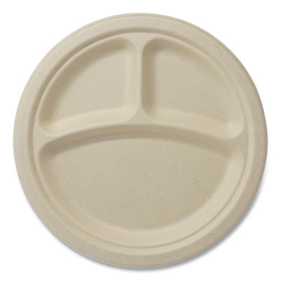 World Centric Fiber Plates, 3-Compartment, Paper, 9" dia, Natural, 1,000/Carton (PLSC9TLFS)