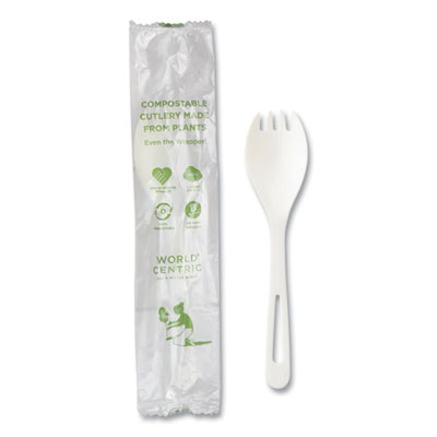 World Centric TPLA Wrapped Cutlery, Spork, Plastic, Light Beige, 750/Carton (RKPSI)