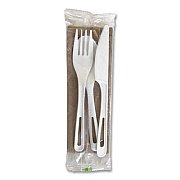 World Centric TPLA Wrapped Cutlery, Ribbed, Fork/Knife/Napkin/Spoon, Plastic, Light Beige, 250/Carton (ASPSTNL)
