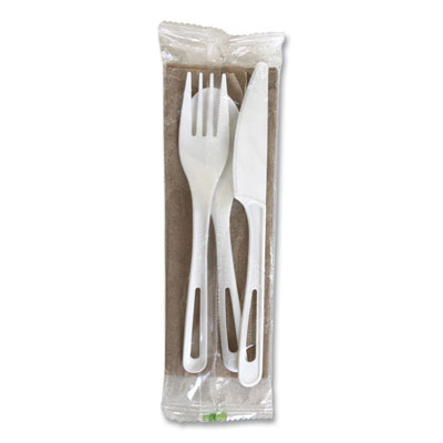 World Centric TPLA Wrapped Cutlery, Ribbed, Fork/Knife/Napkin/Spoon, Plastic, Light Beige, 250/Carton (ASPSTNL)