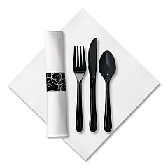 Hoffmaster CaterWrap Heavyweight Cutlery Combo Kit, Fork/Knife/Napkin/Spoon, Plastic, Black, 100/Carton (119971)