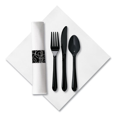 Hoffmaster CaterWrap Heavyweight Cutlery Combo Kit, Fork/Knife/Napkin/Spoon, Plastic, Black, 100/Carton (119971)