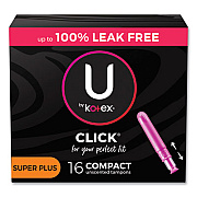 U by Kotex Click Compact Tampons, Super Plus Absorbency, 16/Pack, 8 Packs/Carton (51582)