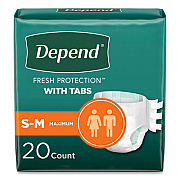 Depend Incontinence Protection with Tabs, Small/Medium, 19" to 34" Waist, 20/Pack, 3 Packs/Carton (35456)