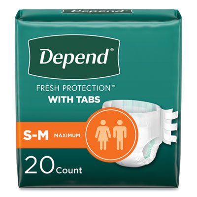 Depend Incontinence Protection with Tabs, Small/Medium, 19" to 34" Waist, 20/Pack, 3 Packs/Carton (35456)