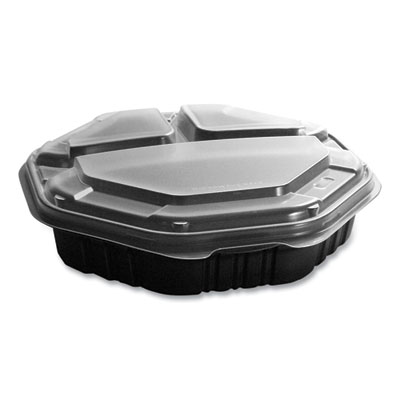 SOLO OctaView Hinged-Lid Hot Food Containers, 3 Compartments, 38 oz, 9.55 x 9.1 x 2.4, Black/Clear, Plastic, 100/Carton (809014PP94)