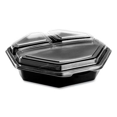 SOLO OctaView Hinged-Lid Cold Food Containers, 3 Compartments, 36 oz, 9.57 x 9.2 x 2.4, Black/Clear, Plastic, 100/Carton (864628PS94)