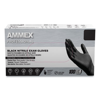 AMMEX Professional Nitrile Exam Gloves, Powder-Free, Large, 3 mil Thick, 9.5" Long, Black, 100/Box, 10 Boxes/Carton (ABNPF46100CT)