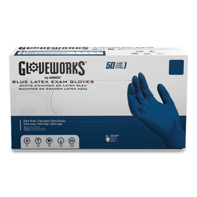 GloveWorks by AMMEX Latex Exam Gloves, Powder-Free, X-Large, 13 mil Thick, 11.6" Long, Blue, 50/Box, 10 Boxes/Carton (GPLHD88100)