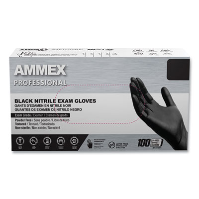 AMMEX Professional Nitrile Exam Gloves, Powder-Free, X-Large, 3 mil Thick, 9.5" Long, Black, 100/Box, 10 Boxes/Carton (ABNPF48100CT)