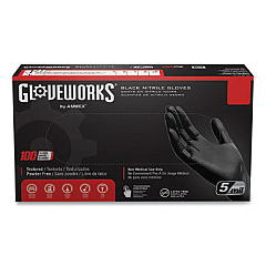 GloveWorks by AMMEX Industrial Nitrile Gloves, Powder-Free, Medium, 5 mil Thick, 9.5" Long, Black, 100/Box, 10 Boxes/Carton (GPNB44100)