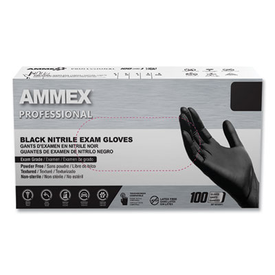 AMMEX Professional Nitrile Exam Gloves, Powder-Free, Small, 3 mil Thick, 9.5" Long, Black, 100/Box, 10 Boxes/Carton (ABNPF42100)