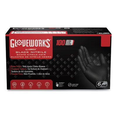 GloveWorks by AMMEX Heavy-Duty Industrial Nitrile Gloves, Powder-Free, X-Large, 6 mil Thick, 9.5" Long, Black, 100/Box, 10 Boxes/Carton (GWBN48100)