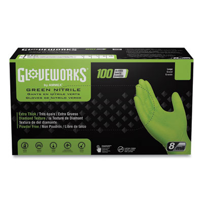 GloveWorks by AMMEX Heavy-Duty Industrial Nitrile Gloves, Powder-Free, X-Large, 8 mil Thick, 9.5" Long, Green, 100/Box, 10 Boxes/Carton (GWGN48100)
