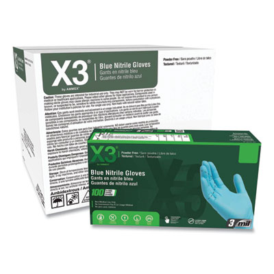 X3 by AMMEX Industrial Nitrile Gloves, Powder-Free, Small, 3 mil Thick, 9.5" Long, Blue, 100/Box, 10 Boxes/Carton (X342100)