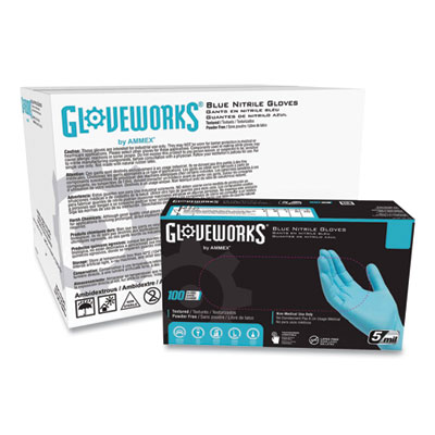 GloveWorks by AMMEX Industrial Nitrile Gloves, Powder-Free, Medium, 5 mil Thick, 9.5" Long, Blue, 100/Box, 10 Boxes/Carton (INPF44100)