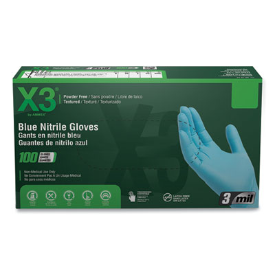 X3 by AMMEX Industrial Nitrile Gloves, Powder-Free, Medium, 3 mil Thick, 9.5" Long, Blue, 100/Box, 10 Boxes/Carton (X344100)