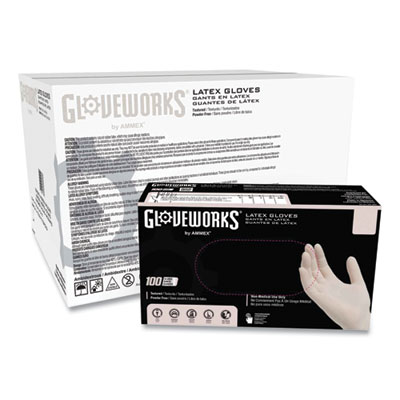 GloveWorks by AMMEX Latex Disposable Gloves, Powder-Free, Large, 4 mil Thick, 9.5" Long, Ivory, 100/Box, 10 Boxes/Carton (TLF46100)