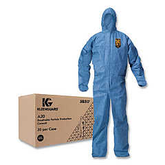 KleenGuard A20 Breathable Particle Protection Coveralls, Zip Front, Hood, Elastic Back, Wrists, Ankles, 4X-Large, Blue, 20/Carton (58517)