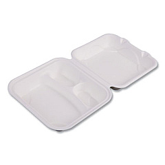 Eco-Products Vanguard Renewable and Compostable Sugarcane Clamshells, 3 Compartments, 8 x 8 x 3, White, 200/Carton (EPHC83NFA)