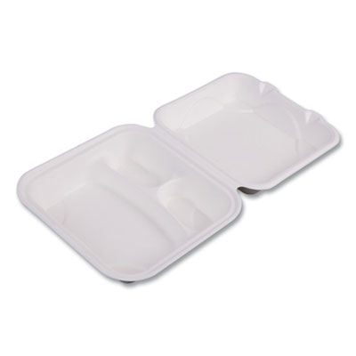Eco-Products Vanguard Renewable and Compostable Sugarcane Clamshells, 3 Compartments, 8 x 8 x 3, White, 200/Carton (EPHC83NFA)