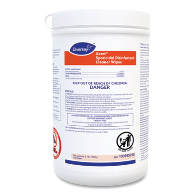 Diversey Avert Sporicidal Disinfectant Cleaner Wipes, 6 x 7, Chlorine Scent, 160/Canister, 12/Carton (100895790)