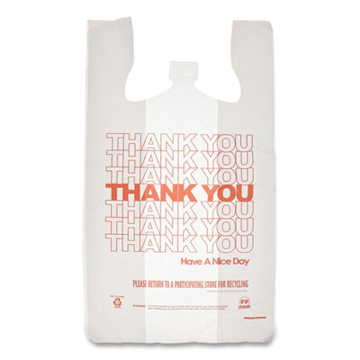 AmerCareRoyal Thank You Bags, Thank You - Have a Nice Day Labeling, Cut-Out Handles, 13" x 8" x 23", White/Red, 1,000/Carton (RPTYB6FS)